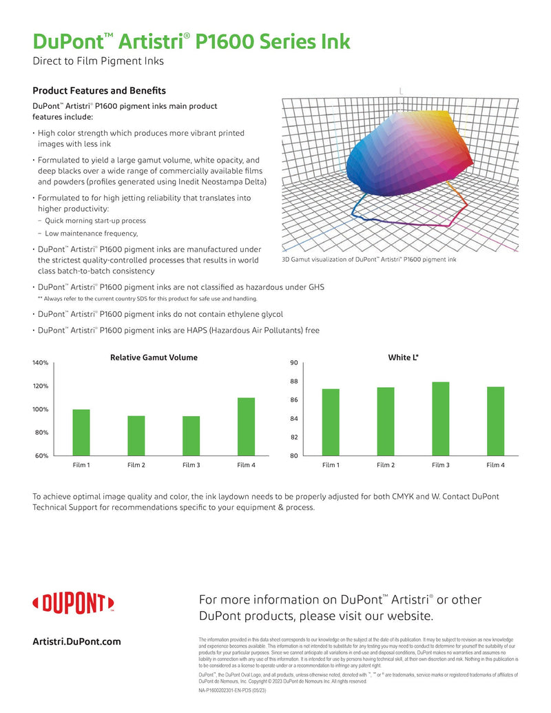 DuPont™ Artistri® P1600 Series DTF Ink in Multiple Sizes